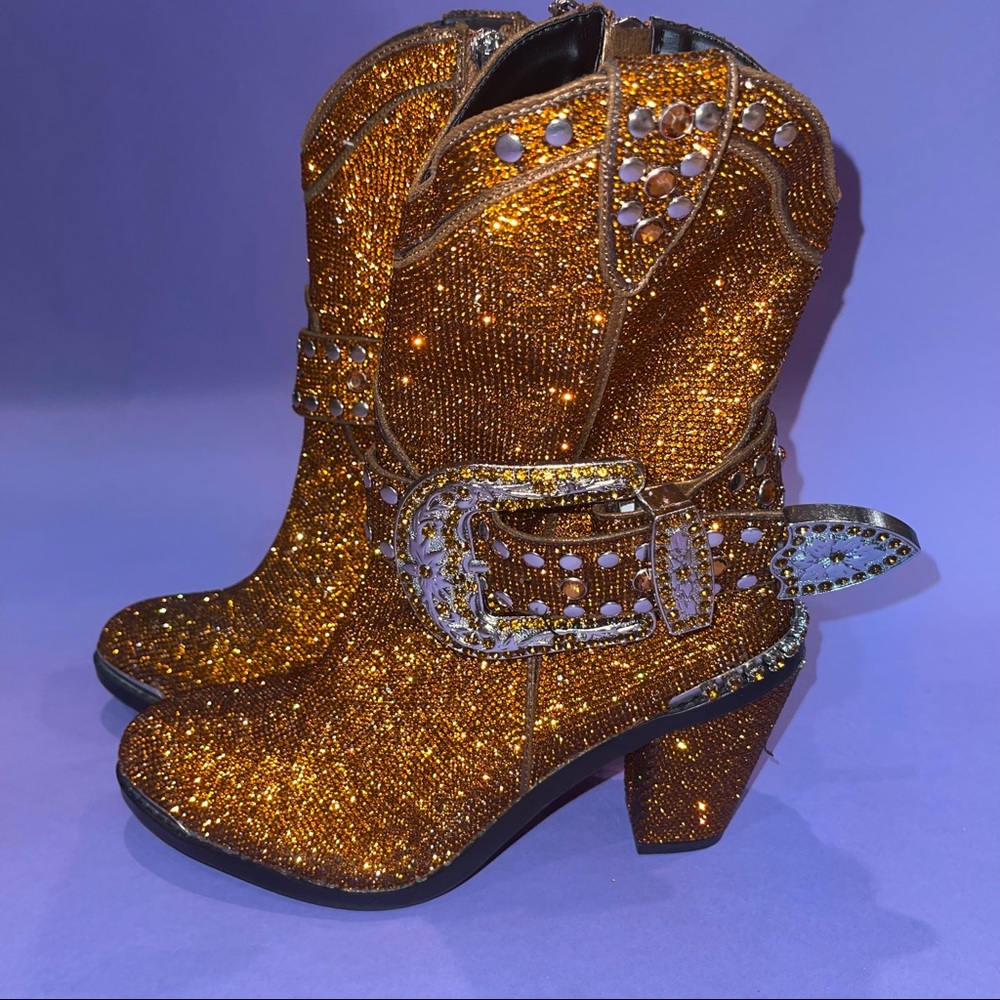 Dark orange/light brown rhinestone cowboy boots. - Picture 2 of 8